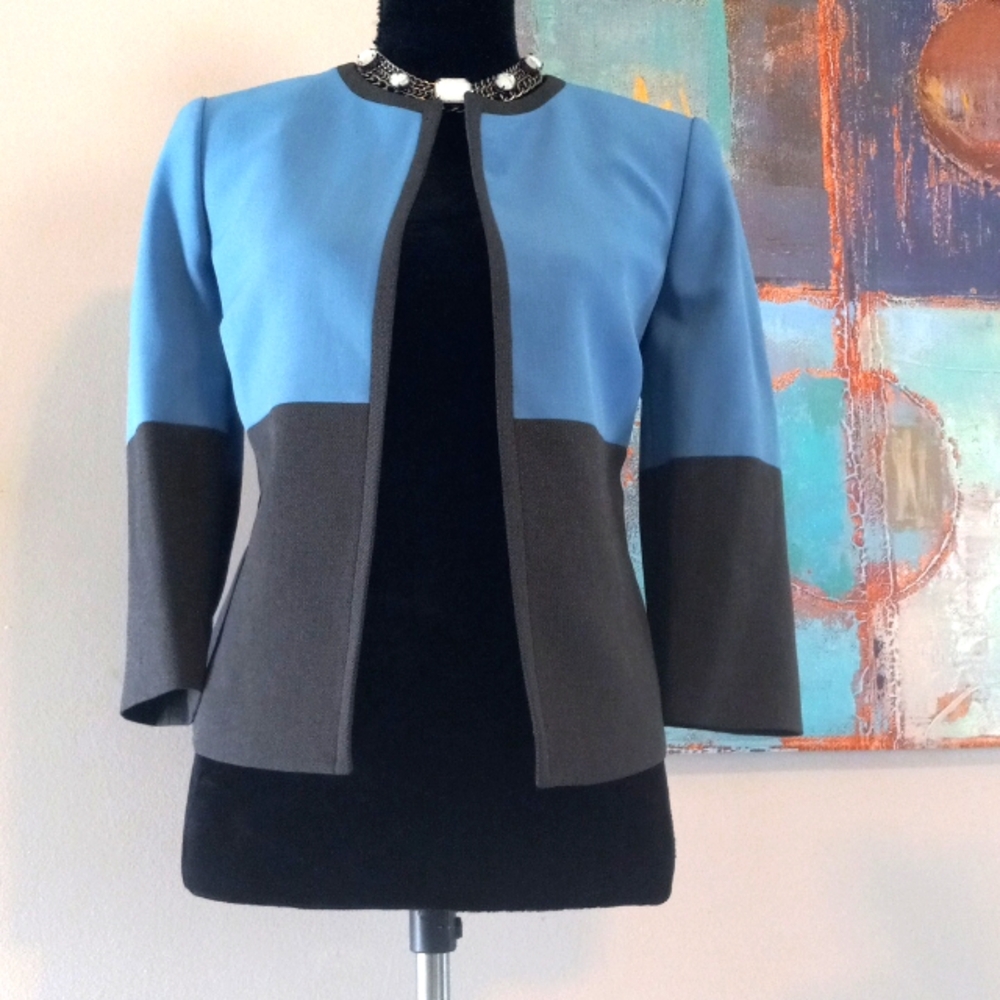 Kasper Blue & Grey Color Block Open Front Blazer … - image 1